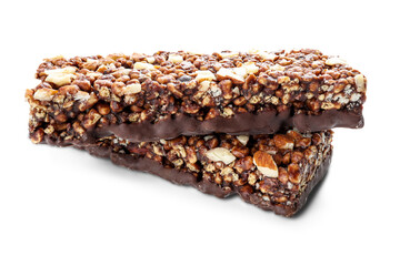 Chocolate protein bars with nuts, cereal and granola isolated on transparent background, high protein sports nutrition