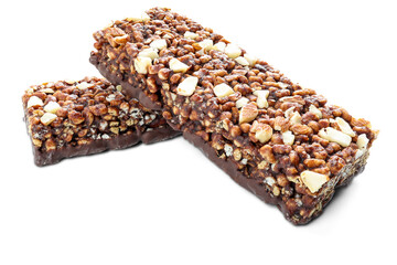 Chocolate protein bars with nuts, cereal and granola isolated on transparent background, high protein sports nutrition