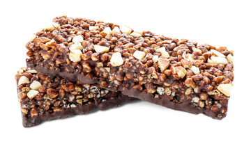 Chocolate protein bars with nuts, cereal and granola isolated on transparent background, high protein sports nutrition