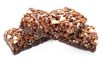 Chocolate protein bars with nuts, cereal and granola isolated on transparent background, high protein sports nutrition