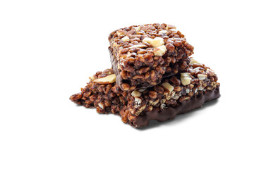 Chocolate protein bars with nuts, cereal and granola isolated on transparent background, high protein sports nutrition