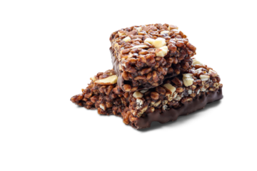 Chocolate protein bars with nuts, cereal and granola isolated on transparent background, high protein sports nutrition