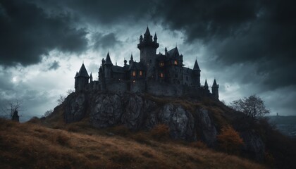 Fototapeta premium An eerie castle looms atop a rocky hill under dark, swirling clouds at twilight, casting an unsettling atmosphere