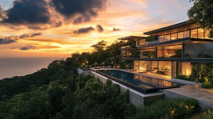 Obraz premium Modern Luxury Villa with Stunning Sunset View