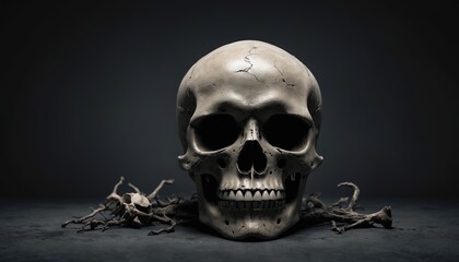A hauntingly beautiful skull resting among twisted roots in dramatic lighting, capturing the essence of life and mortality