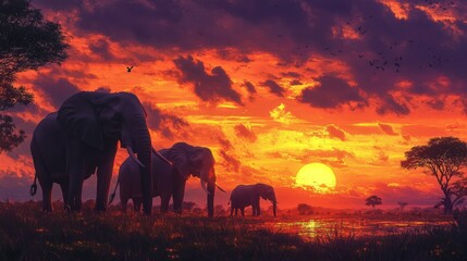 Fototapeta premium Majestic Elephants at Sunset in the Savanna