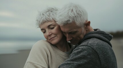 A loving senior couple warmly embraces on a tranquil beach, reflecting deep affection and lifelong companionship.