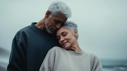 Lovingly embracing elderly couple outdoors, depicting warmth, tenderness, and lasting affection in a serene setting.