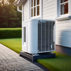 Inverter heatpump next to the family house for climate friendly energy and heating