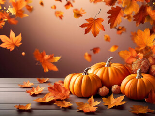 Pumpkins and autumn leaves with copy space
