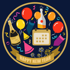 Illustration Happy New Year. Set of New Year elements: champagne, balloons, tinsel, Santa Claus hat, calendar, clock, fireworks, ribbons, etc.