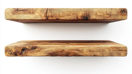 Rustic wooden shelves isolated on white background.