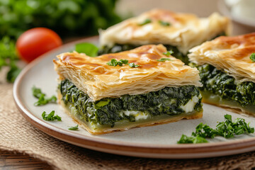 Delicious spanakopita served on a rustic plate capturing the essence of Greek cuisine at a cozy gathering