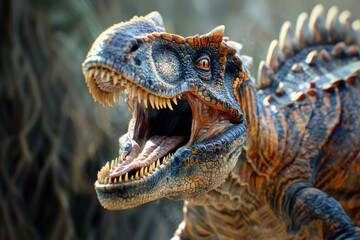Close-up of a fierce dinosaur with mouth wide open, showing sharp teeth and scaly texture, preparing to attack, with detailed orange and blue hues on its rugged skin.