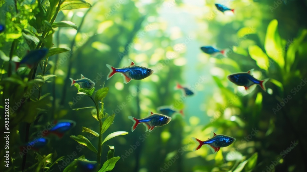 Poster A School of Neon Tetras in a Lush, Green Aquarium