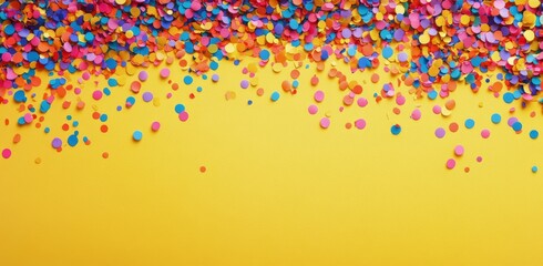 Colorful confetti spread out across a bright yellow background, perfect for celebrations and parties