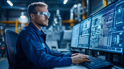 Fototapeta premium Engineers in dark blue overalls collaborate on high-tech equipment in a modern control room during a late-night shift