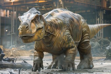 Fototapeta premium Massive, thick-skinned dinosaur standing in an industrial warehouse environment with debris and metallic structures in the background.