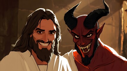 Jesus and the Devil, cartoon style