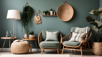 Elegant personal accessories, a plaid wall hanging, a rattan armchair, and a pillow complete the stylish yet simple living room decor. Wall color: eucalyptus. model.
