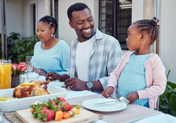 Black family, lunch and people with child by home for eating, conversation and relax together at reunion. African man, happy and love at table in backyard for meal, nutrition and bonding on weekend