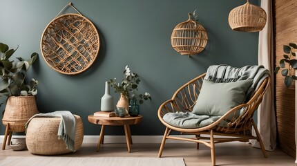 Elegant personal accessories, a plaid wall hanging, a rattan armchair, and a pillow complete the stylish yet simple living room decor. Wall color: eucalyptus. model.
