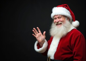 Santa Claus with Cheerful Expression Waving Against Dark Background with Copy Space