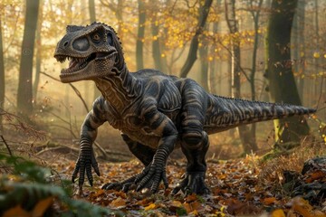 Predatory dinosaur walking cautiously through an autumn forest, surrounded by fallen leaves, dappled sunlight, and towering trees, its striped body and powerful build.