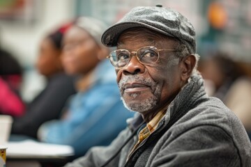 Obraz premium Elderly Man Attending Class in Lecture Hall Wearing Glasses and Cap, Focused and Engaged
