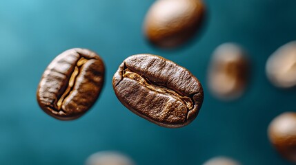 Fototapeta premium Floating Coffee Beans Roasted and Aromatic Coffee Beans in Mid-Air on a Blue Background