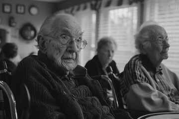 Elderly Man Reflecting in Cozy Cafe. Black and White Portrait Capturing Contemplation and Nostalgia