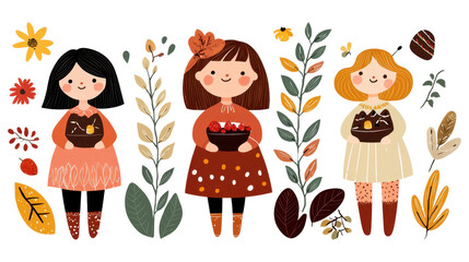 Fototapeta premium Three girls holding autumn harvest baskets. cut out isolated transparent PNG