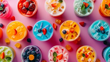 Colorful Assortment of Fresh Fruit Smoothies on Pink Background