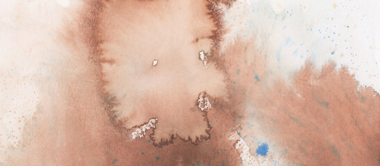 Fototapeta premium Ink watercolor hand drawn smoke flow stain blot on wet paper texture background. Beige Brown Pastel colors.