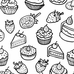 simlpe line drawing of a beautiful dessert coloring pages for your little one, strawberries, cake, orange, cupcake, donut, white and black, wallpaper, monochrome simplicity --tile
