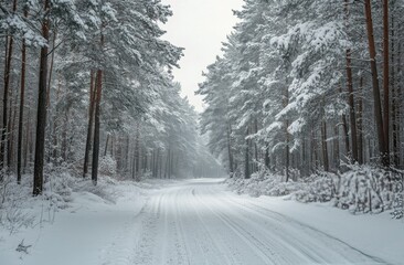 Snow-covered forest road winding through tall trees on a winter morning in a serene landscape