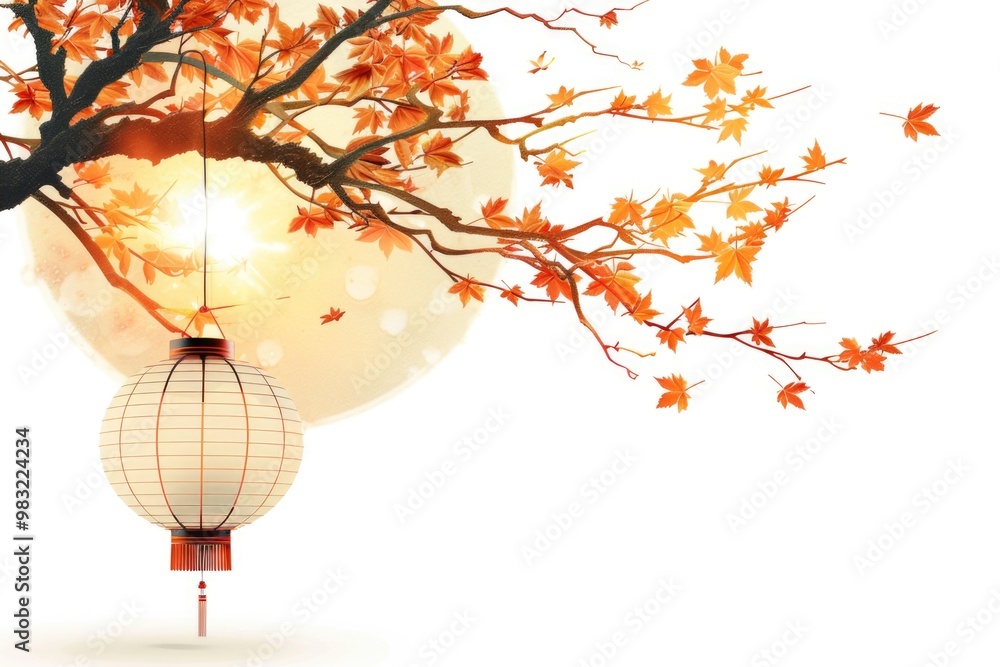 Aufkleber A single paper lantern is hung from a tree branch in a natural setting