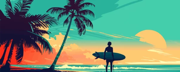 Fototapete Rund A man is standing on a beach with a surfboard. The sky is blue and the sun is setting © Павел Озарчук