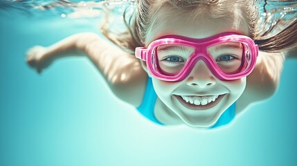 a smiling girl swimming underwater in a pool, looking at the camera, wearing pink goggles and a blue outfit, 