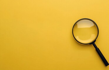 A magnifying glass resting on a bright yellow surface in a well-lit environment