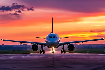 Airplane taxiing on runway at sunset with dramatic sky, travel, vacation, and transportation concept