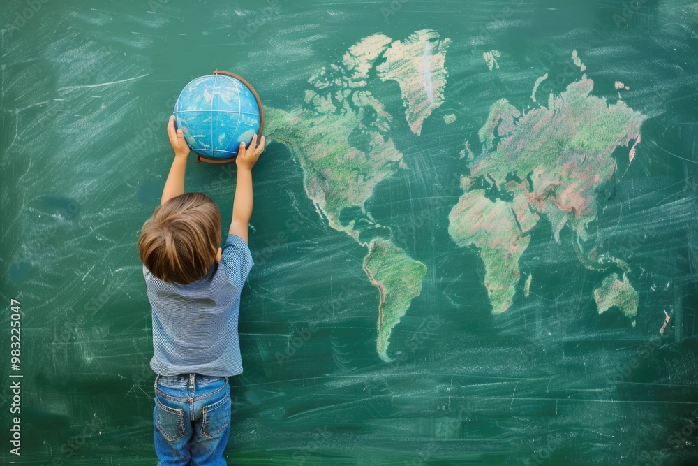 Poster young boy creating a world map on a blackboard with chalk, great for education and learning concepts