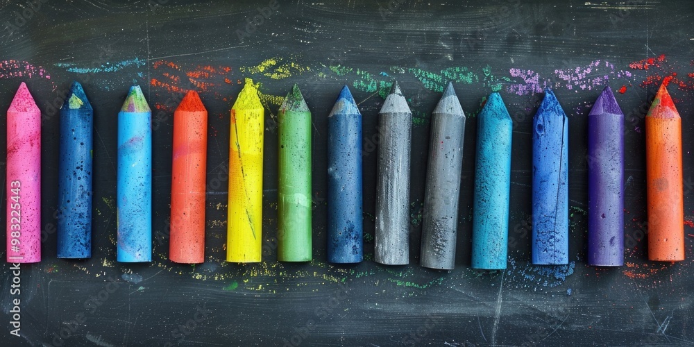 Wall mural A colorful array of crayons displayed on a traditional chalkboard, perfect for art classes or creative inspiration