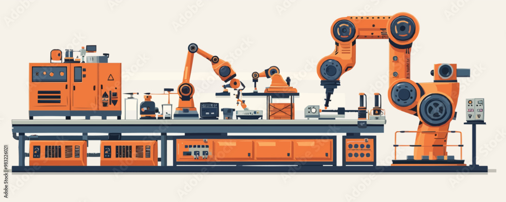 Poster a robot arm assembling a complex machine with precision and efficiency on a white background. vector