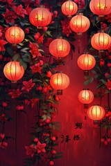 A group of red lanterns hang from a tree branch, providing a warm glow in the evening