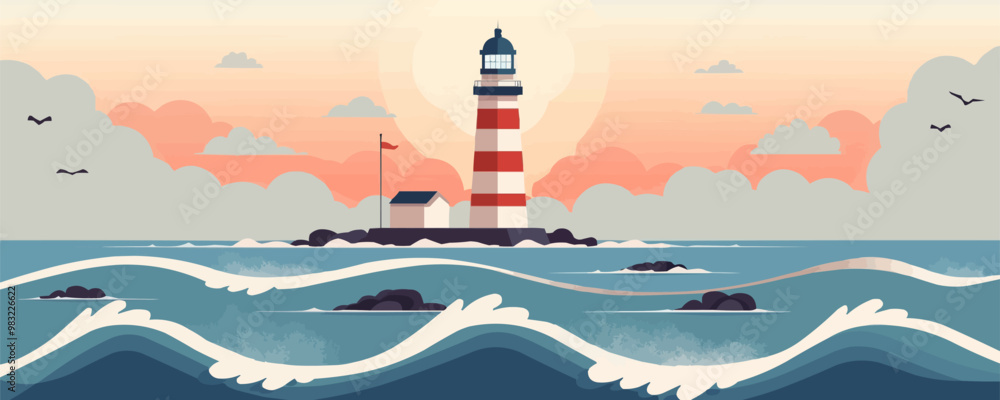 Poster coastal lighthouse with waves crashing below vector flat minimalistic isolated illustration