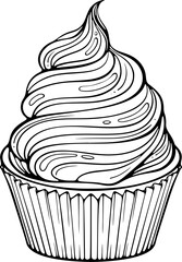 Cupcake with whipped cream. Handmade sweet muffin. Birthday dessert. Vector illustration in hand drawn sketch doodle style. Line art isolated on white for coloring book, print