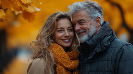 Smiling couple in love on a fall day.