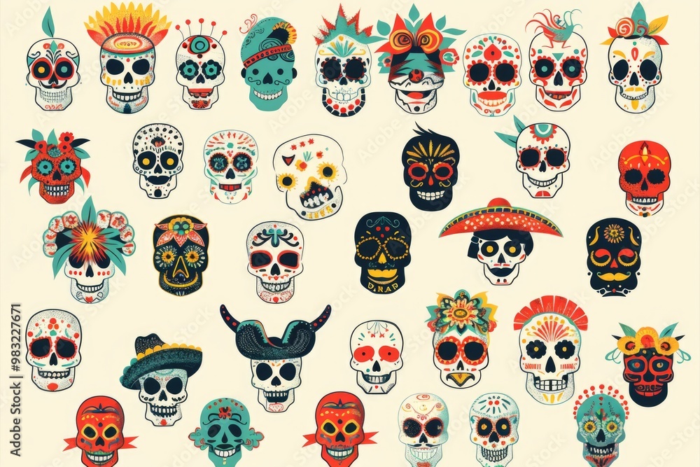 Poster a collection of skulls with unique and creative designs
