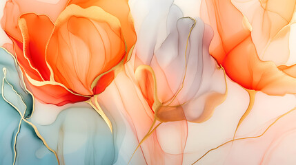 Elegant marble ink background featuring vibrant flowers in soft hues during daylight hours
